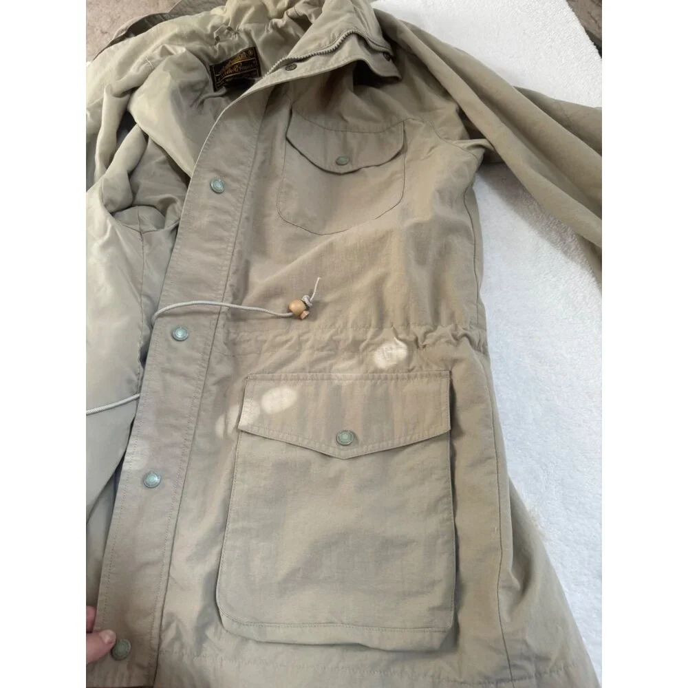VTG Eddie Bauer Safari Jacket Men's L Tan Drawstring Mock Collar Mid‑Length Coat